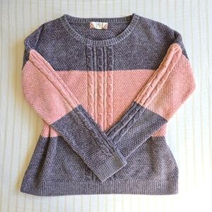 Womens Pink grey sz S chenille cable waffle knit Sweater long sleeve color block